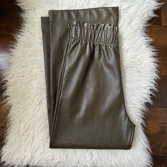 Anthro olive faux leather pant wide leg lounge pant trouser style elastic waist - Picture 10 of 11